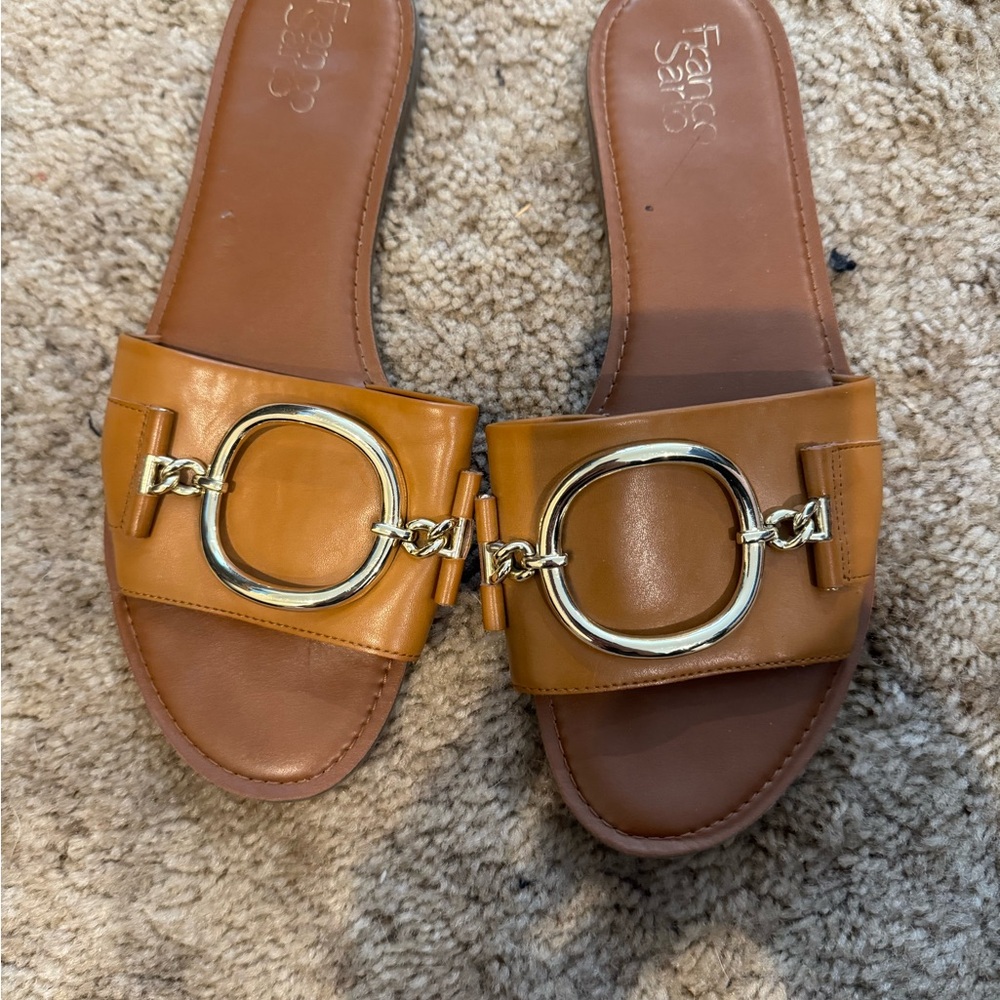 Franco Sarto Brown Slide Sandals with Gold Detail